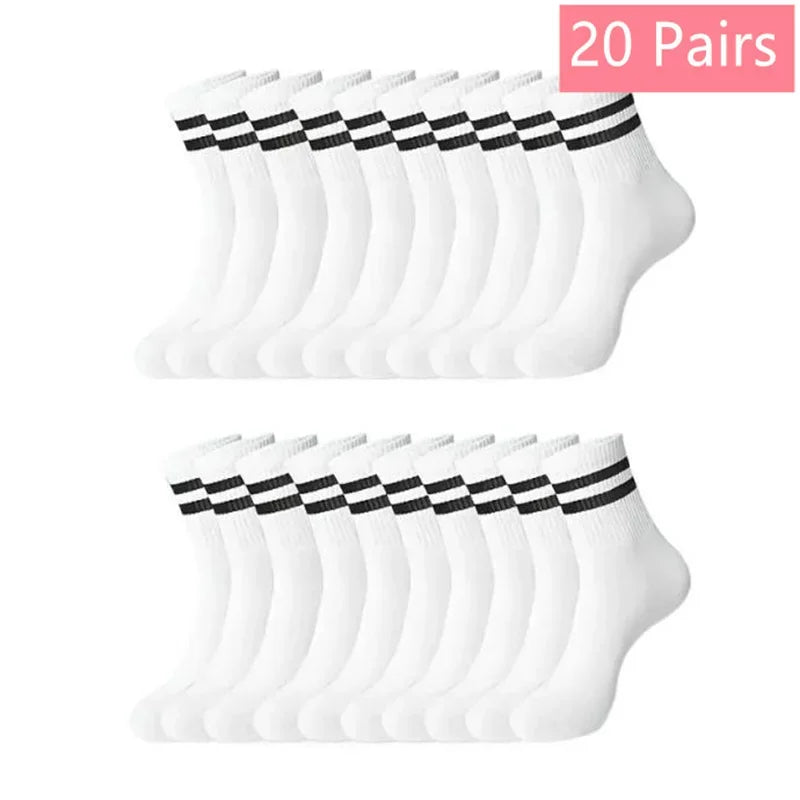 Mid Length Socks Women Classic Black White Solid Color Fashionable Casual Sports Absorbing Breathable Men Socks 1/7/10/20 Pairs
