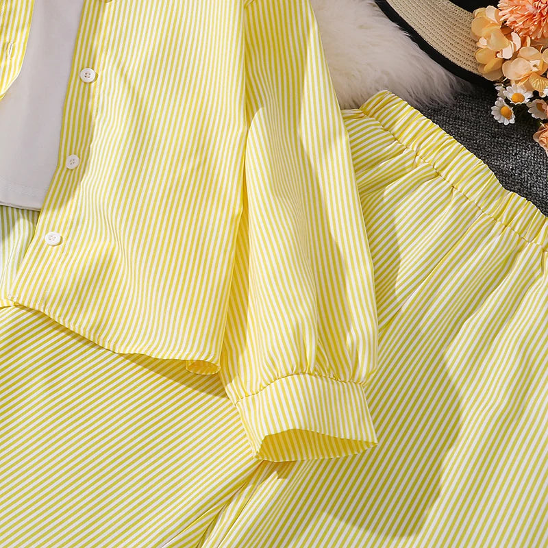 Kids Costume Suit For 4-12 Years Girls Pink Striped Long Sleeve Lapel Cardigan Shirt & Pants Daily Causal Style Comfortable Suit