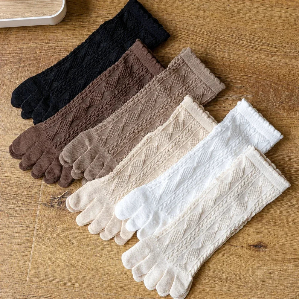 3 Pairs Summer Mesh Toe Socks Women Embroidered Floral Five Finger Socks High Quality Cotton Athletic Socks