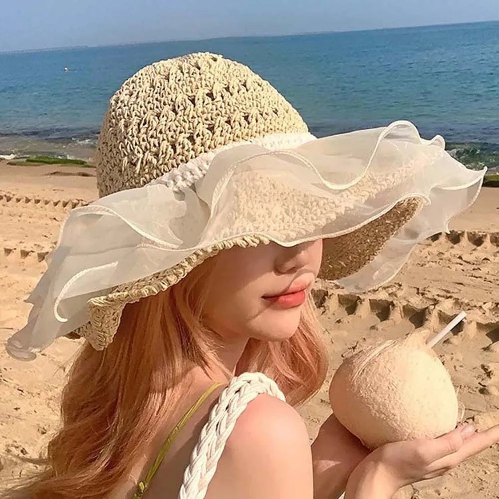 Beige Portable Lace Pearls Sun Cap Hollow Out Polyester Straw Weaving Beach Hat Breathable Thin Big Brimmed Woven Cap Women