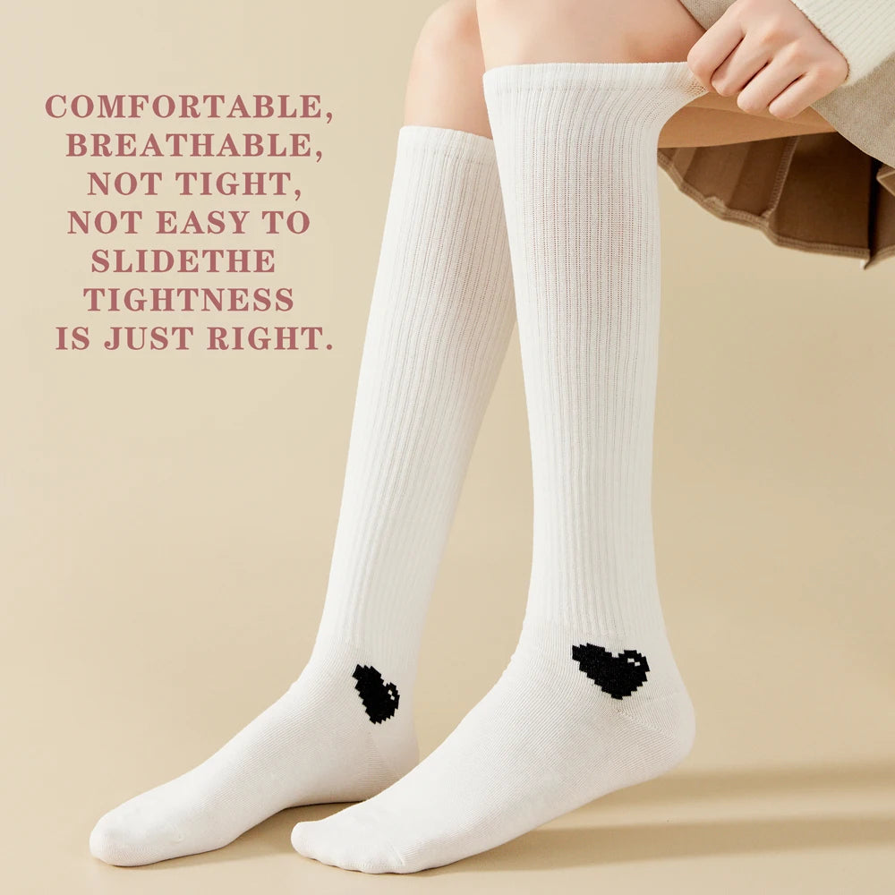 1 Pairs Spring-Autumn Trend Compression Calf Socks Women Heart Print Cotton High Socks Odor-Resistant for Slimming Legs All-Day