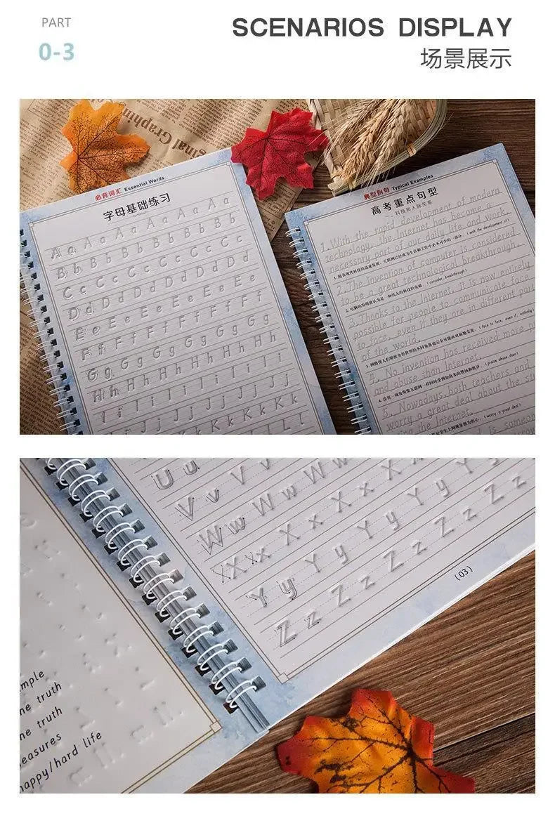 English Reusable Magic Book Copybook for Calligraphy Learning Alphabet Word Short Sentence Composition Handwriting Practice Book