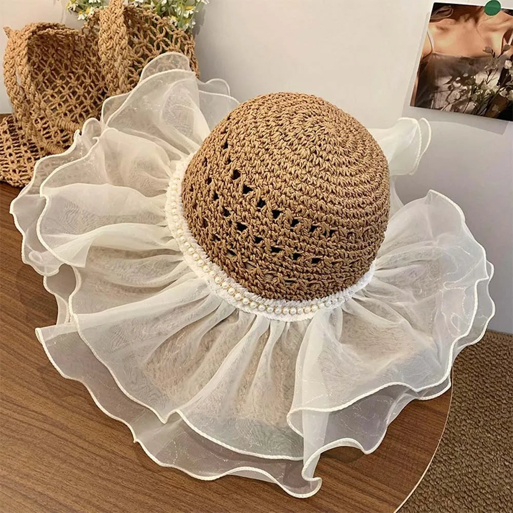 Beige Portable Lace Pearls Sun Cap Hollow Out Polyester Straw Weaving Beach Hat Breathable Thin Big Brimmed Woven Cap Women