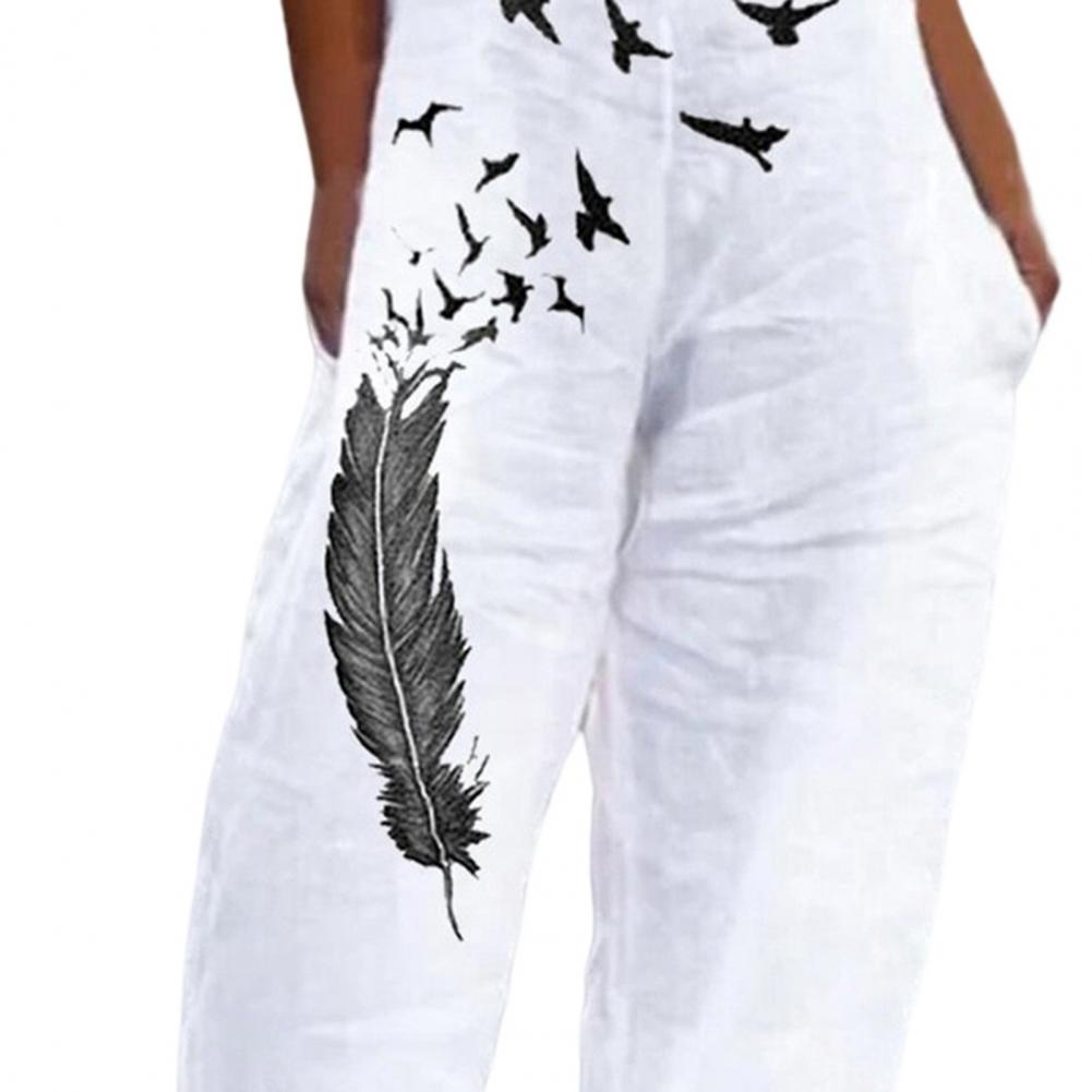 Casual Loose Jumpsuit Women Spaghetti Long Camis Summer Print Cotton Linen Strap Wide Leg Pants Bib Overalls Sleeveless Jumpsuit