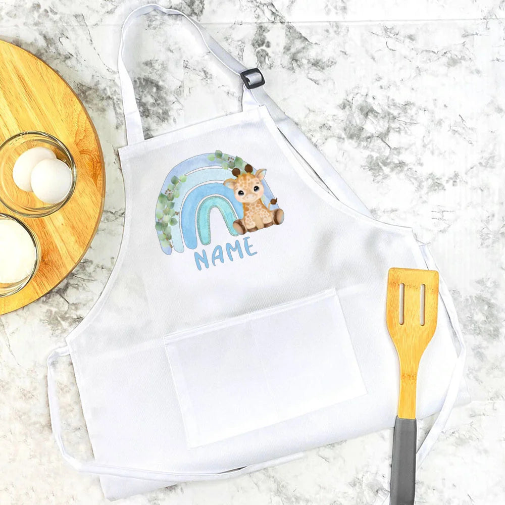 Personalised Child Apron Rainbow  Safari Animals with Name Apron Boys Girls Cooking Baking Apron Custom Birthday Gift for Kids