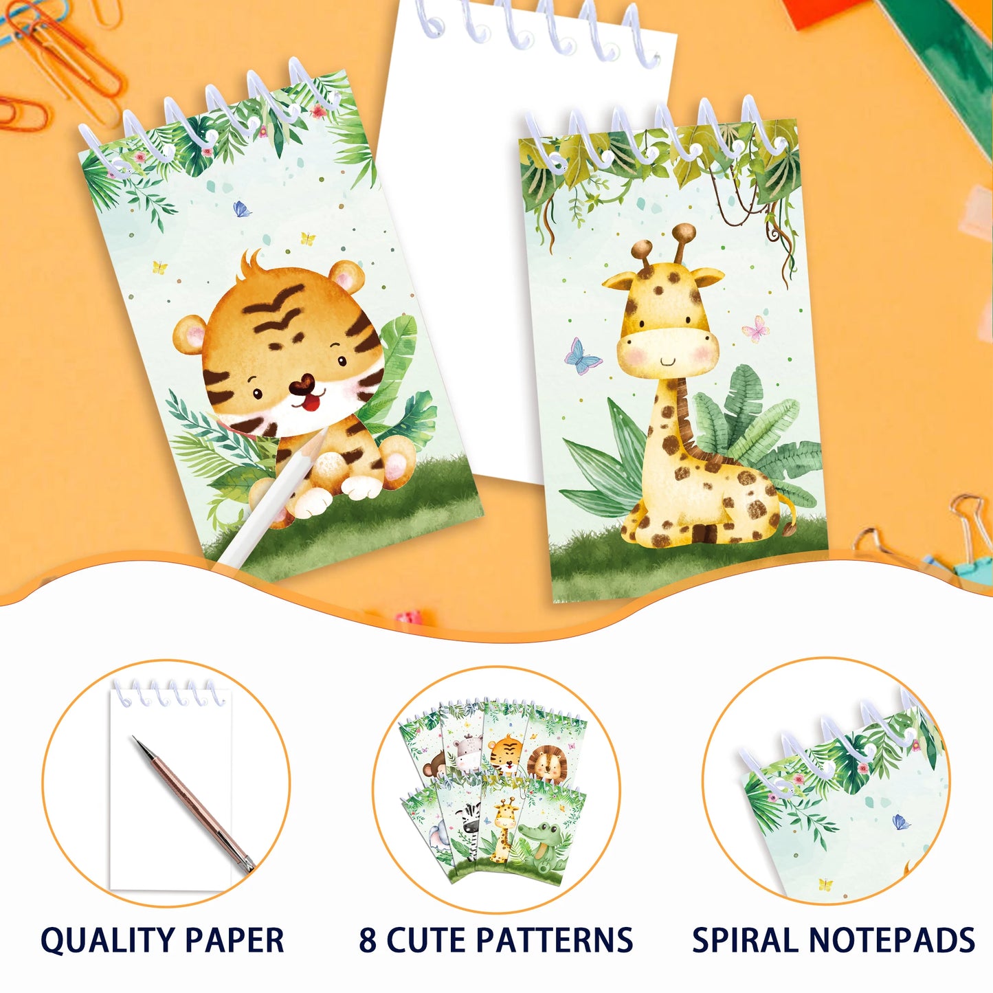 8pcs Jungle Animals Mini Spiral Notepads Cartoon Tiger Lion Pattern Spiral Coil Notebook for Birthday Party Supplies