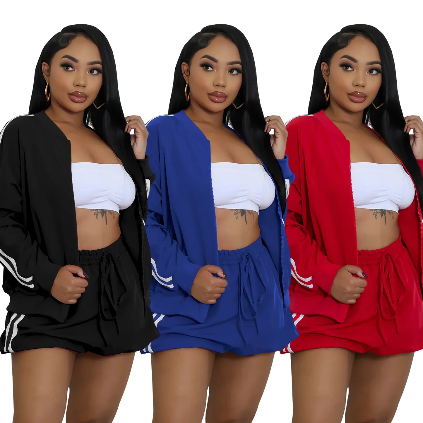 CM.YAYA Women's Set Full Sleeve Striped Coats Top + Short Skirts Spring Active Sporty Street Two 2 Piece Sets Outfits Tracksuit