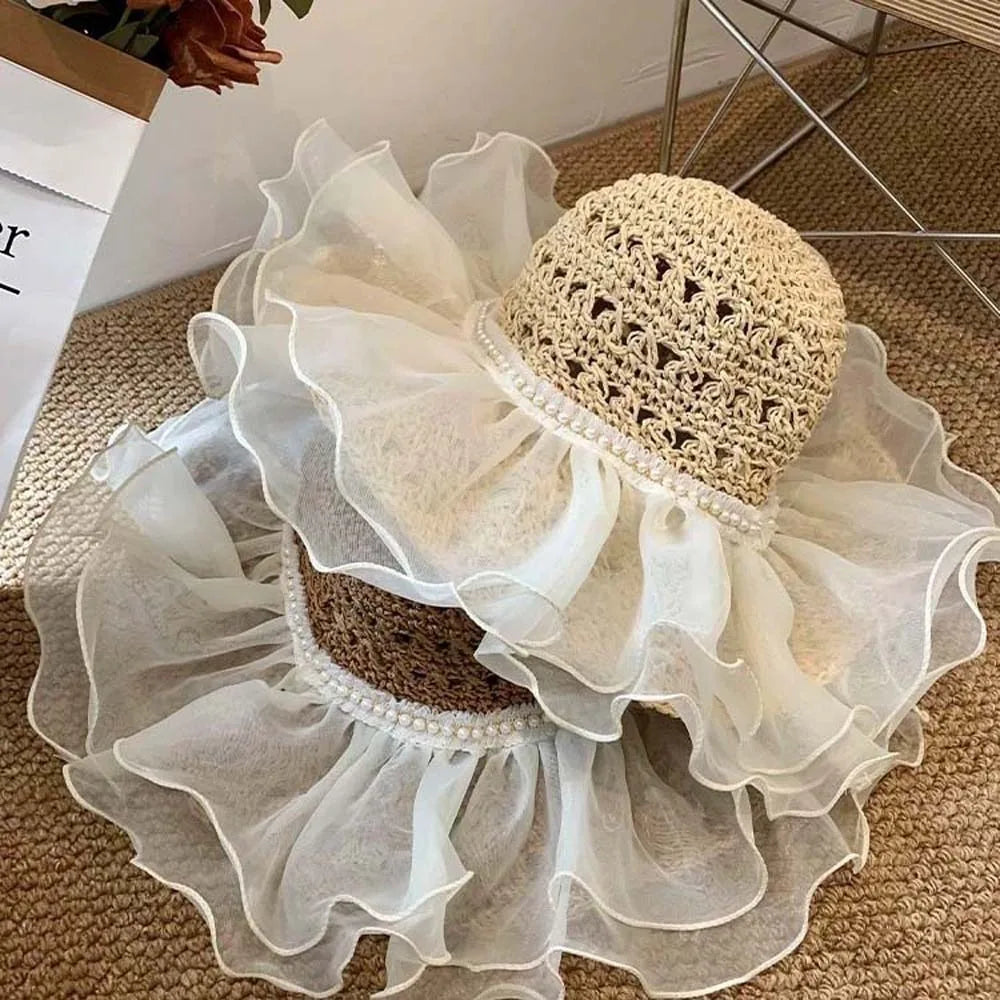 Beige Portable Lace Pearls Sun Cap Hollow Out Polyester Straw Weaving Beach Hat Breathable Thin Big Brimmed Woven Cap Women