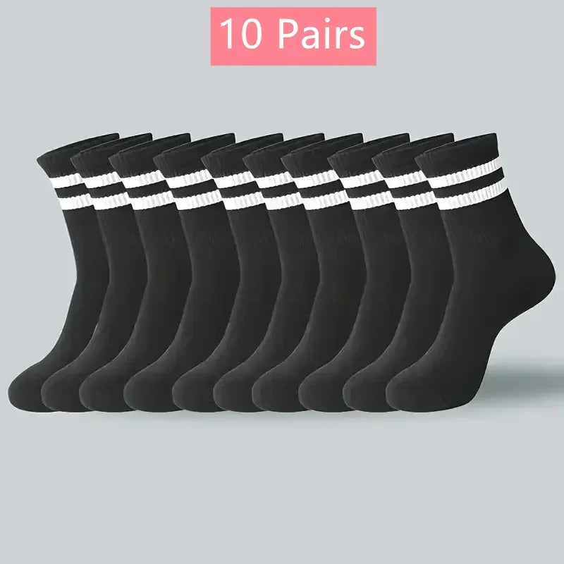 Mid Length Socks Women Classic Black White Solid Color Fashionable Casual Sports Absorbing Breathable Men Socks 1/7/10/20 Pairs