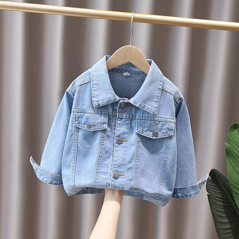 2024 Spring and Autumn Boys Simple Pocket Long sleeved Lapel Single breasted Denim Coat Casual Coat 1-8Y