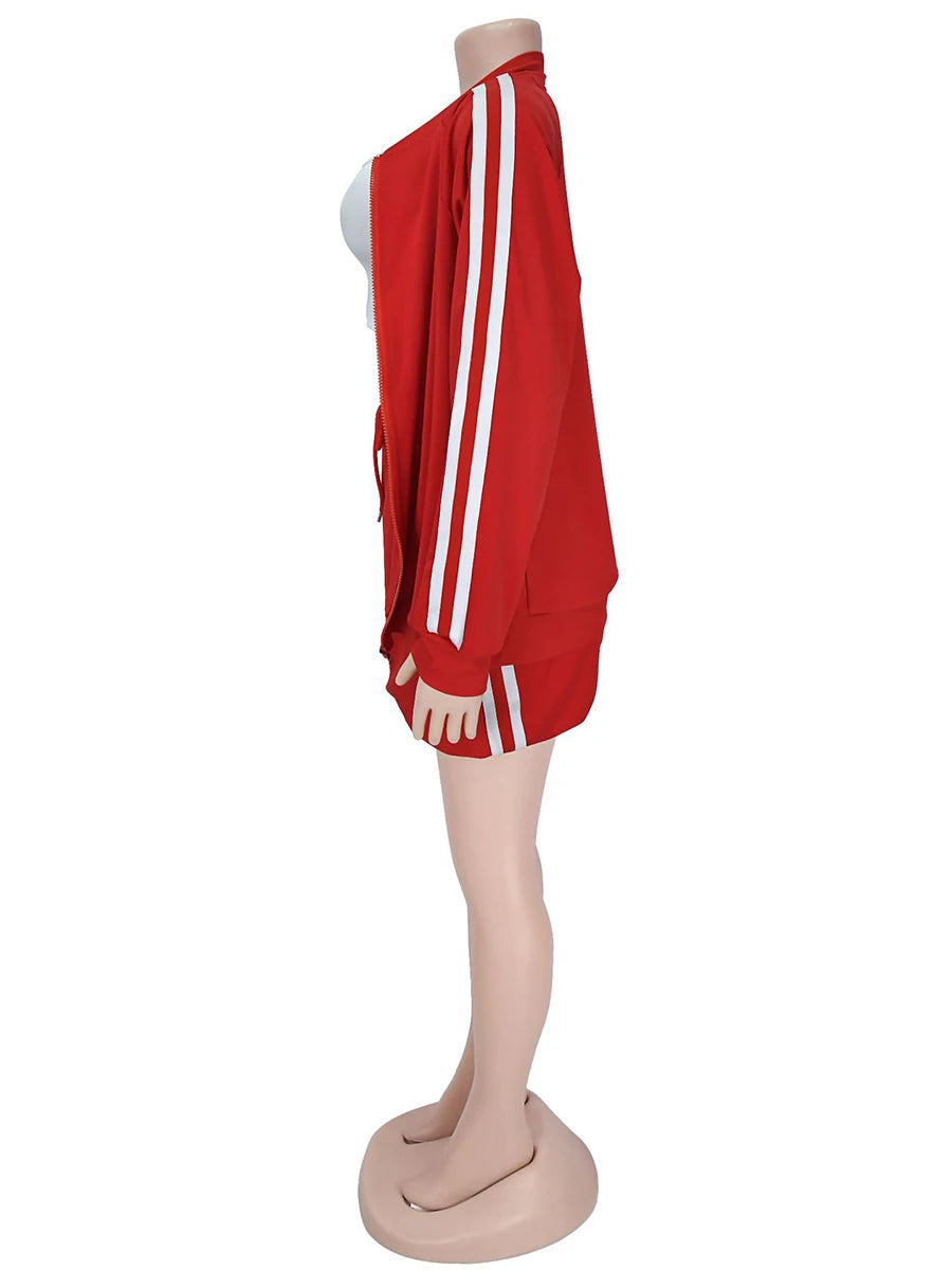 ZIML Minimalist Two Piece Sets For Women Stand Collar Long Sleeve Spliced Zipper Tops High Waist Shorts Chic Set Female Fashion