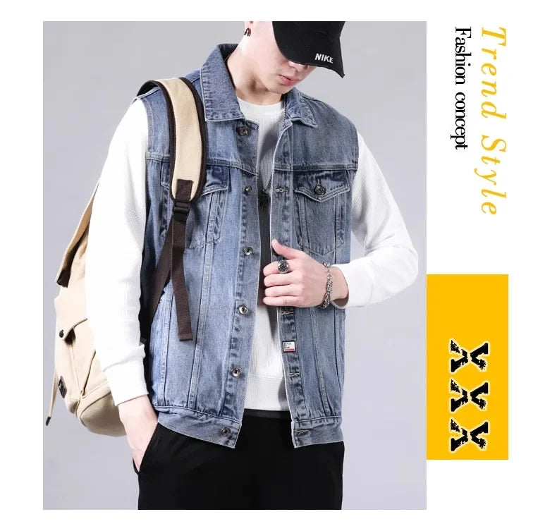 American Style Casual Men's Denim Jacket Loose Cool Retro Workwear Jacket Versatile Leisure Vest for Spring And Autumn