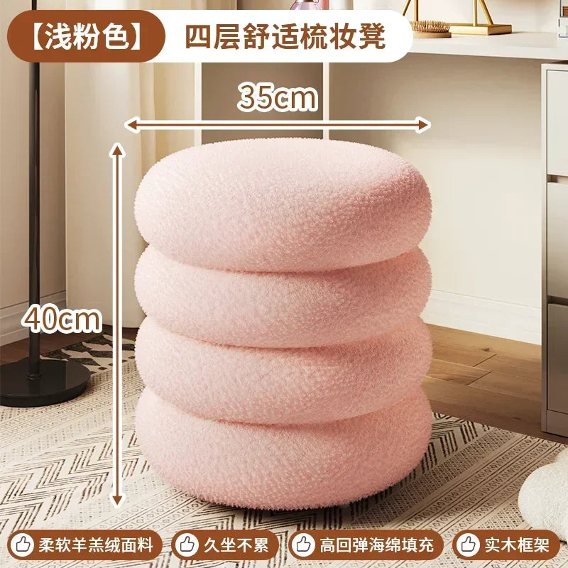 Creamy Household Stool for Girls, Makeup Seat, Bedroom Vanity Chair, Soft Lamb Wool Pouf, Minimalist Manicure, Round Ottoman