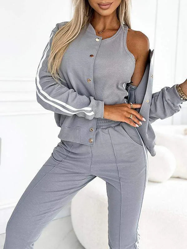 Autumn Winter Fashion Red Black Casual 3 Piece Sets Women O-neck Slim Tank Top + Button Long Sleeve Jacket And Pencil Pant Set