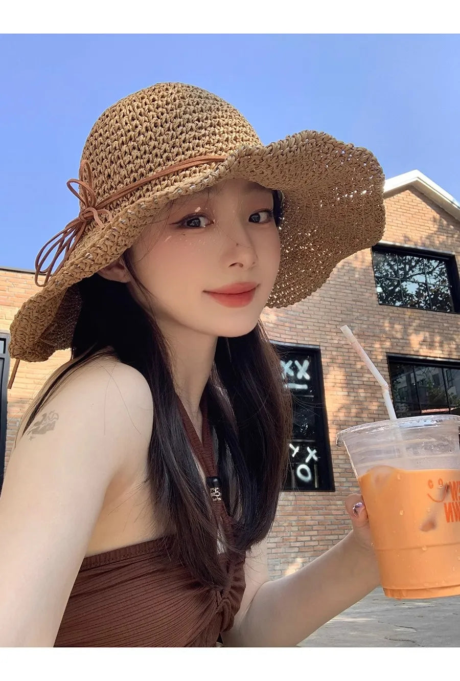 Holiday Sle Beach Fisherman Hat Seaside Sun Protection Sun Hat Large Brim Bow Woven Straw Hat Women Panama Chapeau Korean