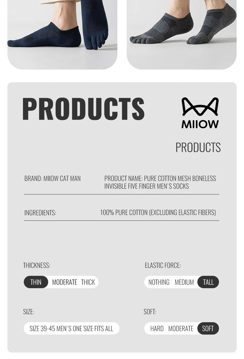 MiiOW Pure Cotton Five Finger Short Socks Men Sweat Absorbent Antibacterial Breathable Mesh Boat Socks Running Sports Toe Sock