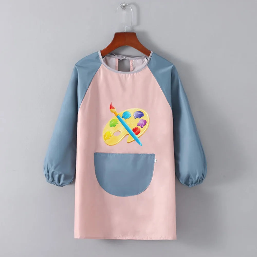 Children Waterproof Apron for Kid School Art Craft Painting Color Palette Printed Baby Feeding Eat Long Sleeve Smock DIY Drawing