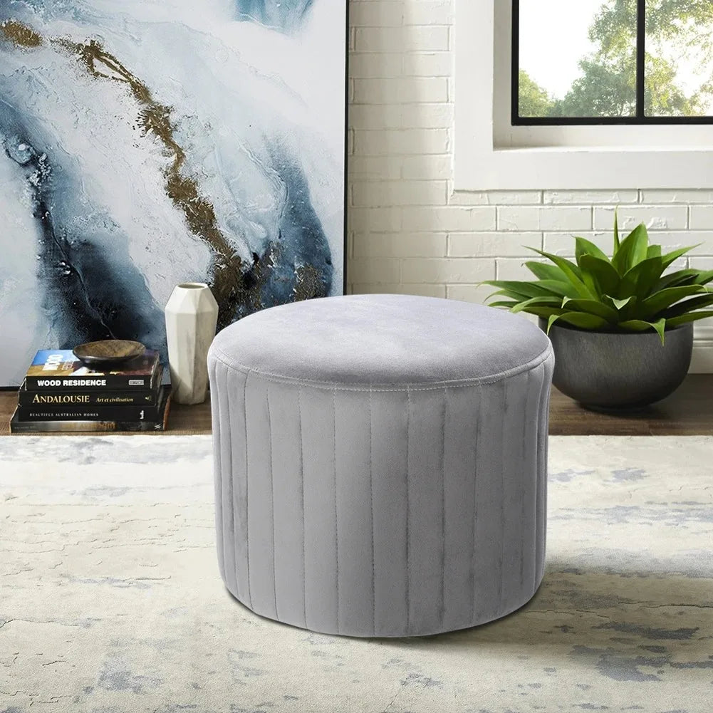 Grey Comfortable Round Velvet Stool Chair Dressing Table Ottoman for Living Room  Bedroom