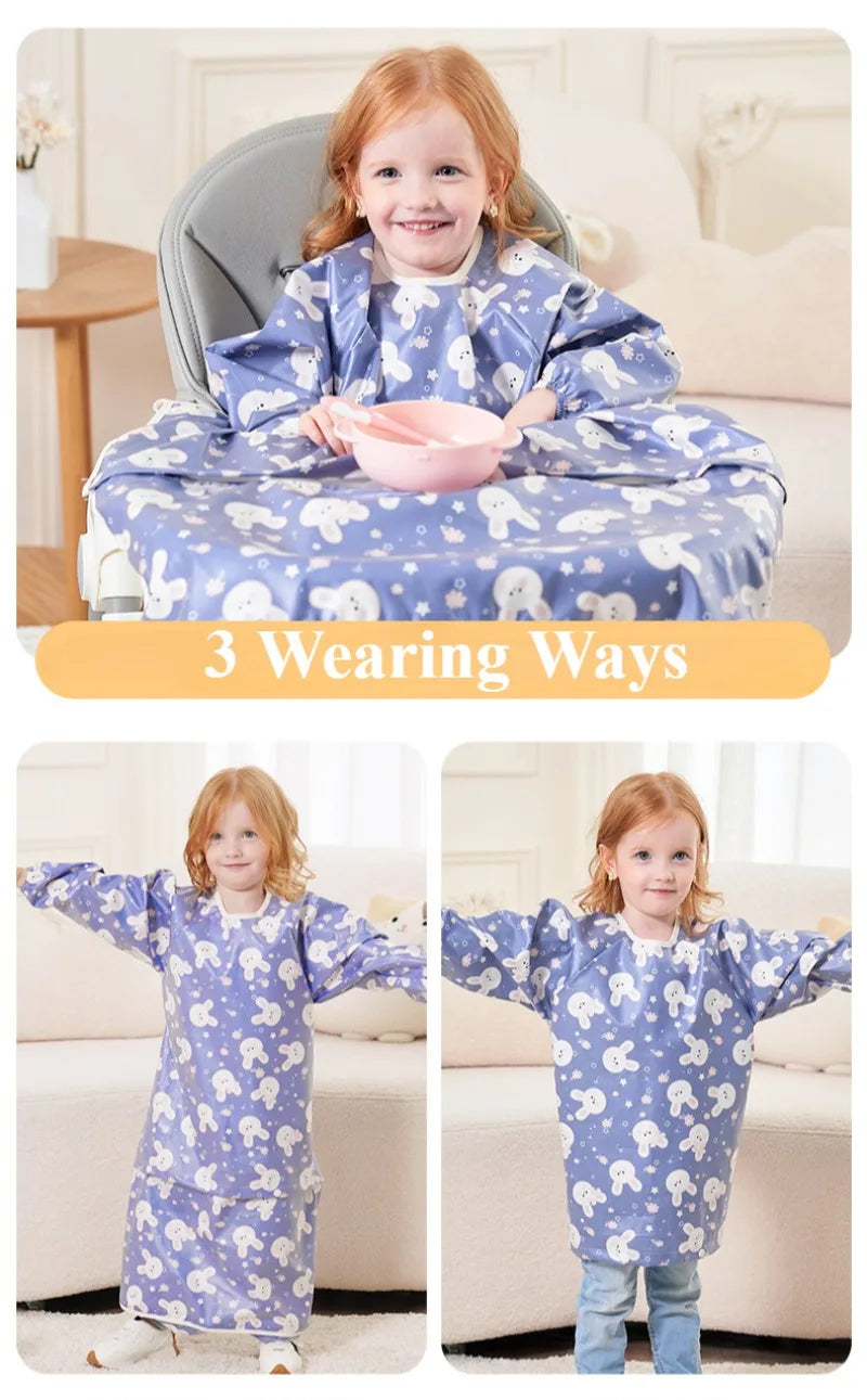 Waterproof Coverall Baby Feeding Bibs for 6 Month To 5 Years Old Toddler Long Sleeve Weaning Bib Attaches To Highchair and Table