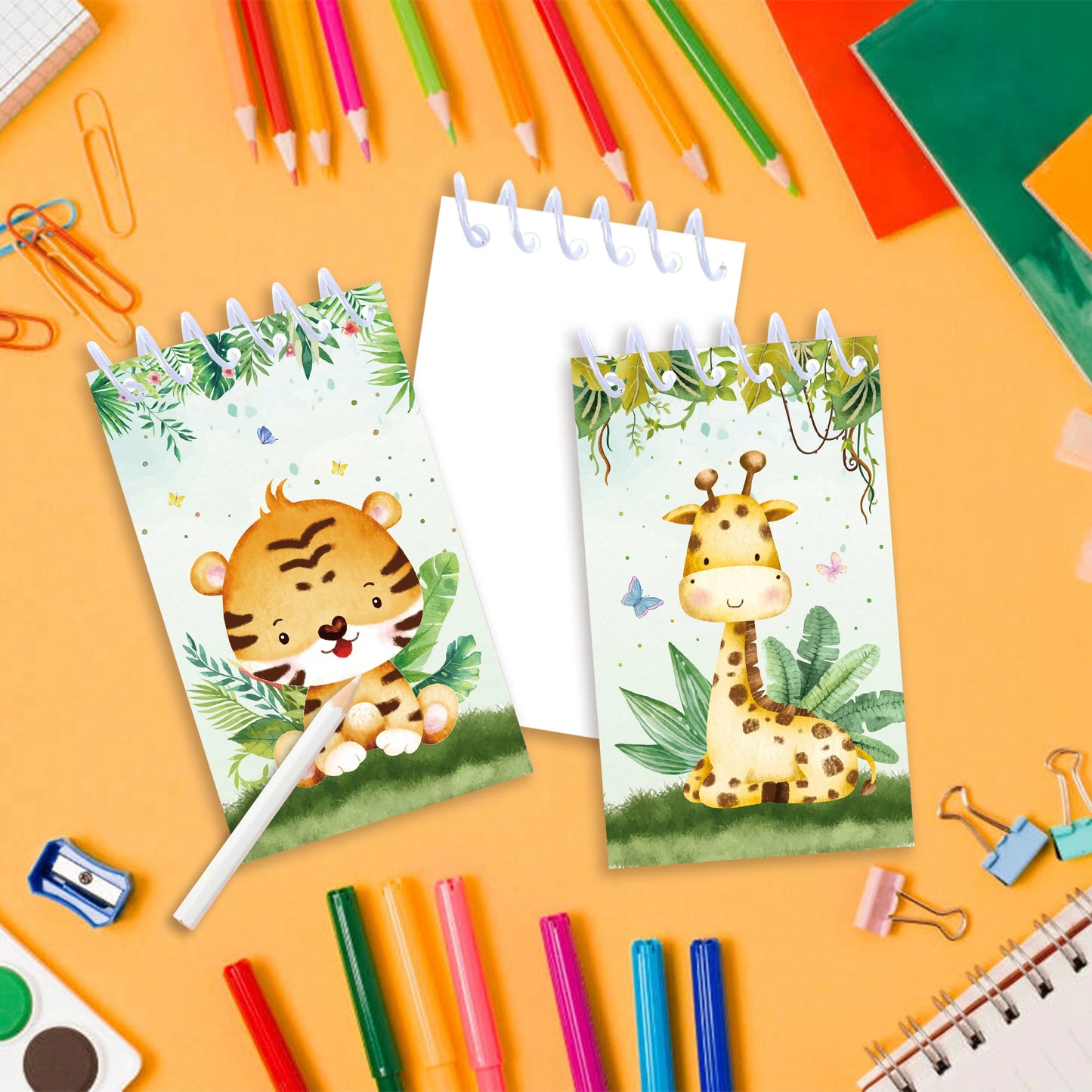 8pcs Jungle Animals Mini Spiral Notepads Cartoon Tiger Lion Pattern Spiral Coil Notebook for Birthday Party Supplies