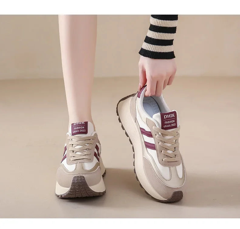 2024 autumn Spring Thick Bottom Women's Shoes Casual Patchwork Leather Sneakers Casual Vulcanised Shoes Ladies Chaussure Femme