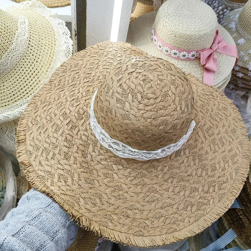 Wide Brim Straw Hat Summer Sunshade Hat Woven with Ribbons Beach Holiday Beach Sandal Trendy Hat for Outdoor Activities