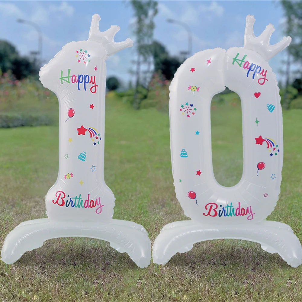 32inch White Crown Number Standing Balloon 0-9 Digital Balloons For Children's Happy Birthday Party Anniversary Decoration Golob
