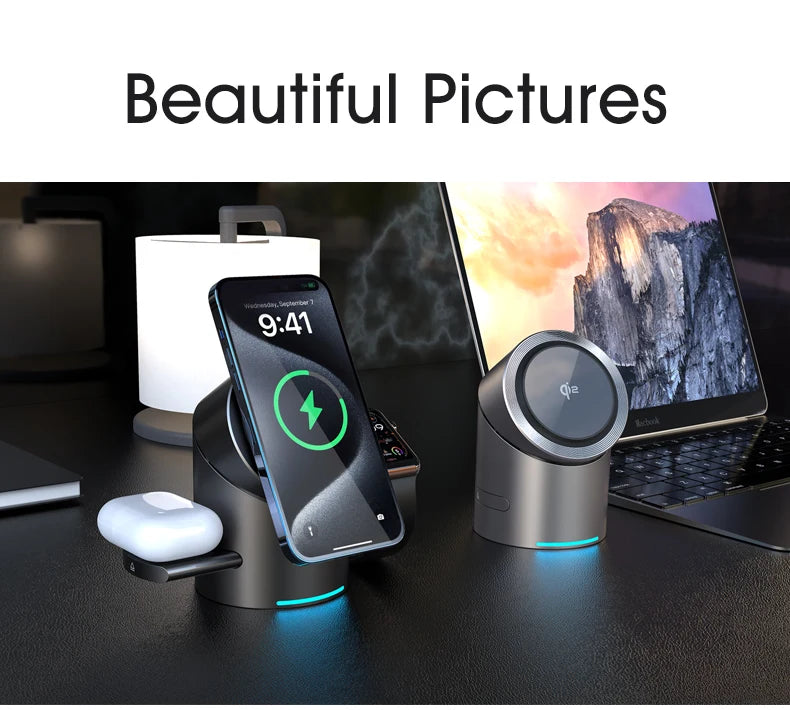 Touch Rotate Qi2 Magnetic 3-in-1 Wireless Charger 15W Fast Charging Station for iPhone 13 14 15 16 Series Apple Watch AirPods