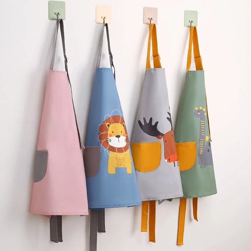 Cute Cartoon Children Apron with Sleeves Set Baby Bibs Kids Craft Art Apron Kitchen Cooking Suit Toddler Burp Cloths for 3-12Y