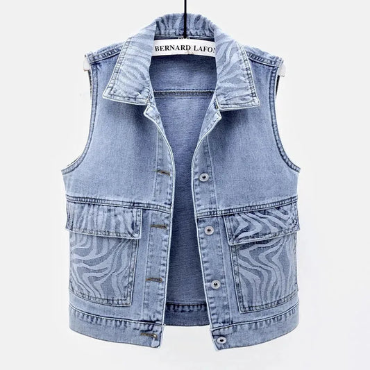 Women's Denim Vest Jacket 2025 Spring Autumn Stripe Splicing Short Jean Waistcoat Casual Tops Sleeveless Outerwear