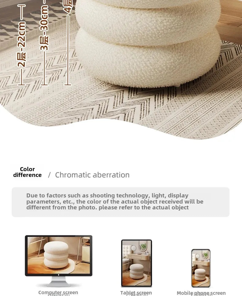 Creamy Household Stool for Girls, Makeup Seat, Bedroom Vanity Chair, Soft Lamb Wool Pouf, Minimalist Manicure, Round Ottoman