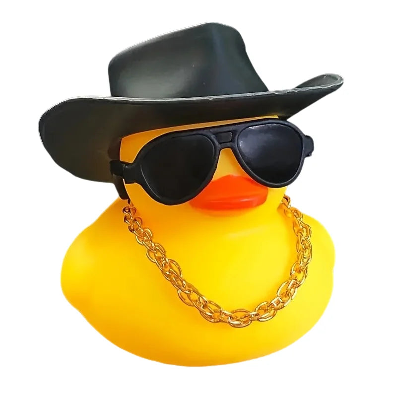 1PC cute yellow duck car ornament with black cowboy hat and sunglasses, car decoration, holiday gift