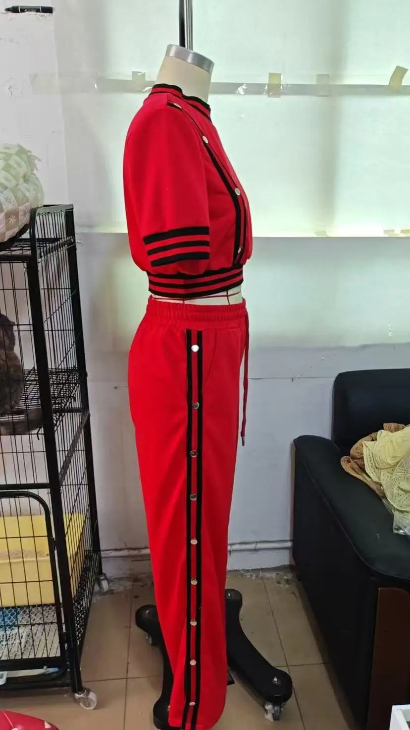 Fashion Rivet T Shirt Short Sleeved Long Pants Women's Set Autumn Casual Striped Red Slit Straight through Long Pants Sports Set