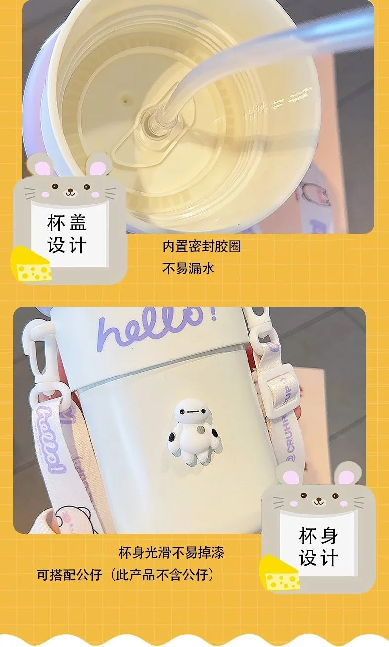 Minnie Thermal Water Cup Summer Strap Sport Drinking Cups A-Z Letter Kid Picnic Container Glasses Fresh Portable Travel Supplies