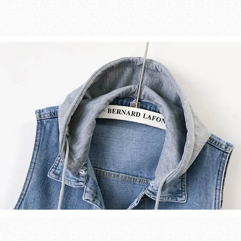 New Women Denim Vest Jackets Spring Autumn Pocket Hooded  Short Jean Waistcoat Sleeveless Jacket Outerwear Female Casual Top 5XL