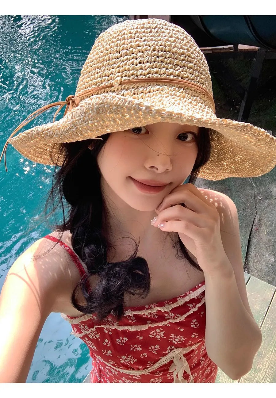 Holiday Sle Beach Fisherman Hat Seaside Sun Protection Sun Hat Large Brim Bow Woven Straw Hat Women Panama Chapeau Korean