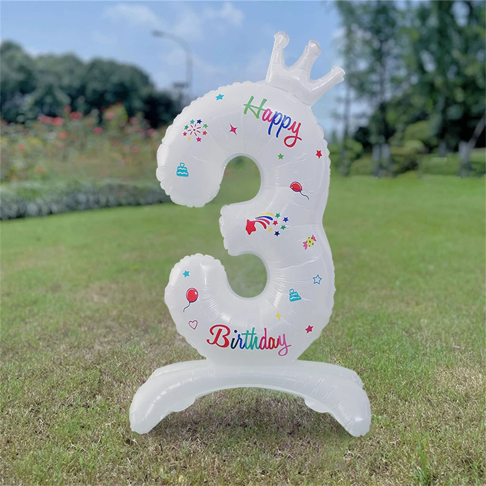 32inch White Crown Number Standing Balloon 0-9 Digital Balloons For Children's Happy Birthday Party Anniversary Decoration Golob