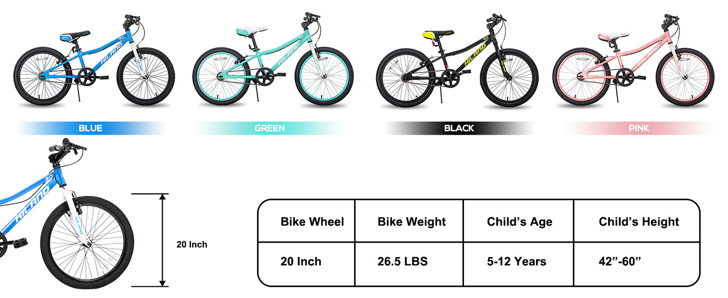 Hiland 20 Inch Kids Mountain Bike for Boys, Girls, Single Speed Kids Bicycles with Dual Handbrakes and Kickstand ﻿