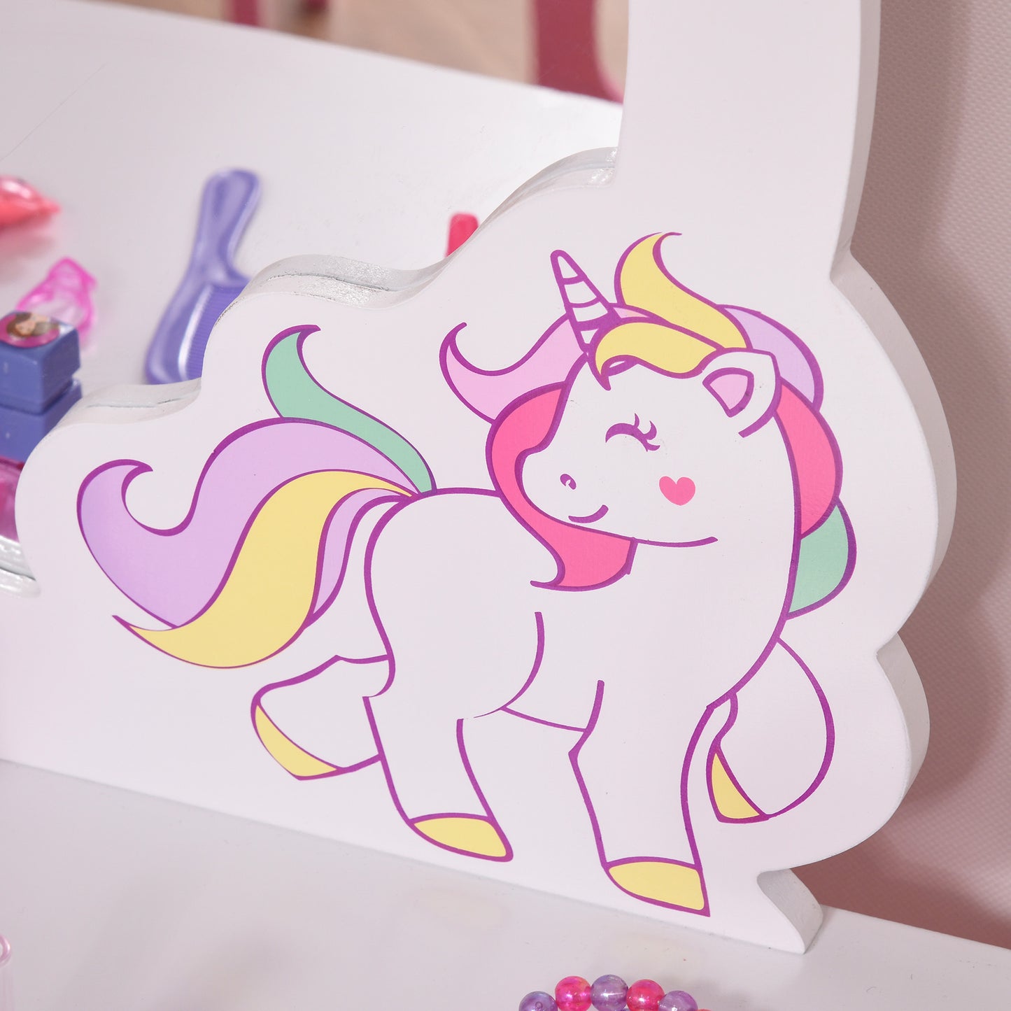 HOMCOM Unicorn-Designed Girls Dressing Table with Mirror for Toddles Girls Age 3-6 Years, Acrylic Mirror, Pink and White