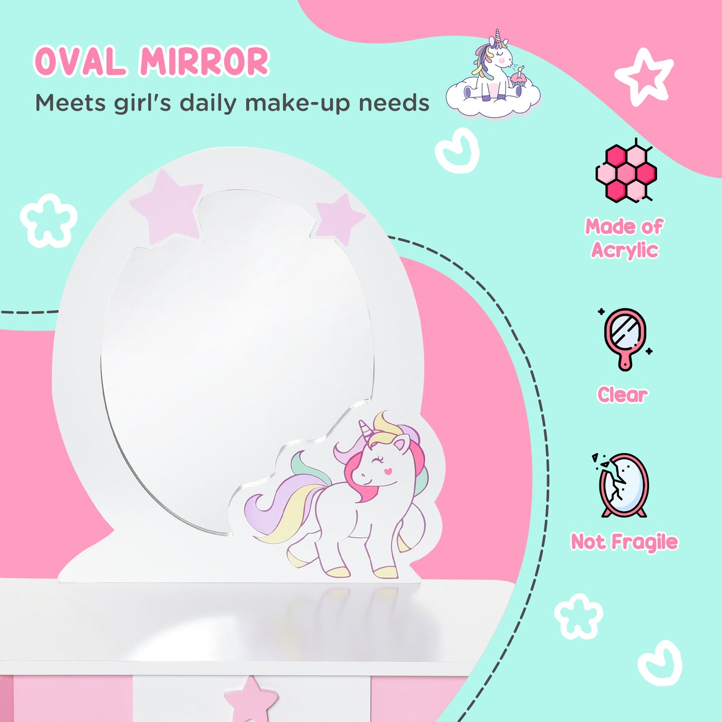 HOMCOM Unicorn-Designed Girls Dressing Table with Mirror for Toddles Girls Age 3-6 Years, Acrylic Mirror, Pink and White